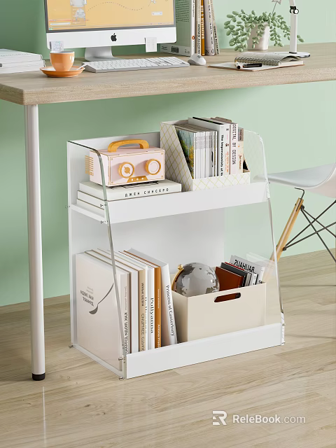 Cozy Home Office Study Room With White Bookshelf Books Globe Pink Radio And Storage Box 3d model 