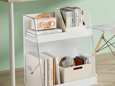 Cozy Home Office Study Room With White Bookshelf Books Globe Pink Radio And Storage Box 3d model