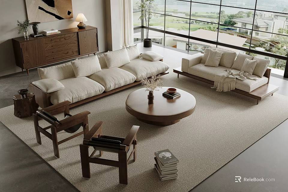 Modern Living Room With Beige Sofas Round Coffee Table And Wooden Furniture 3d model 