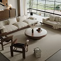Modern Living Room With Beige Sofas Round Coffee Table And Wooden Furniture