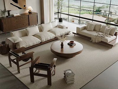 Modern Living Room With Beige Sofas Round Coffee Table And Wooden Furniture 3d model