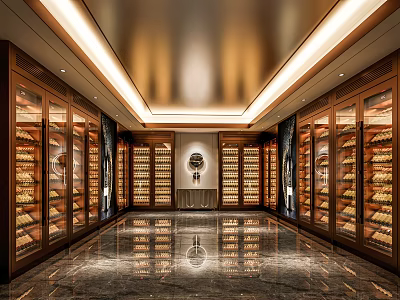 Luxurious Wine Cellar Interior Design With Wooden Racks Wine Bottles And Marble Floor Lighting 3d model