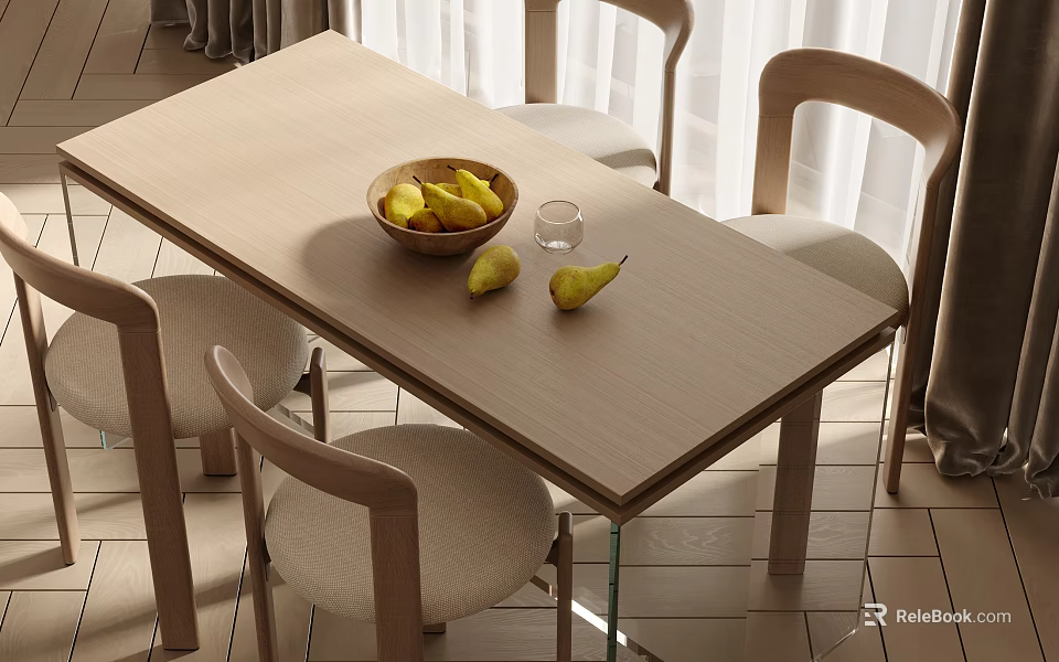 Light Wooden Dining Table Set With Chairs Fruit Bowl Pears And Glass 3d model 