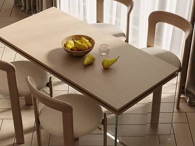 Light Wooden Dining Table Set With Chairs Fruit Bowl Pears And Glass 3d model