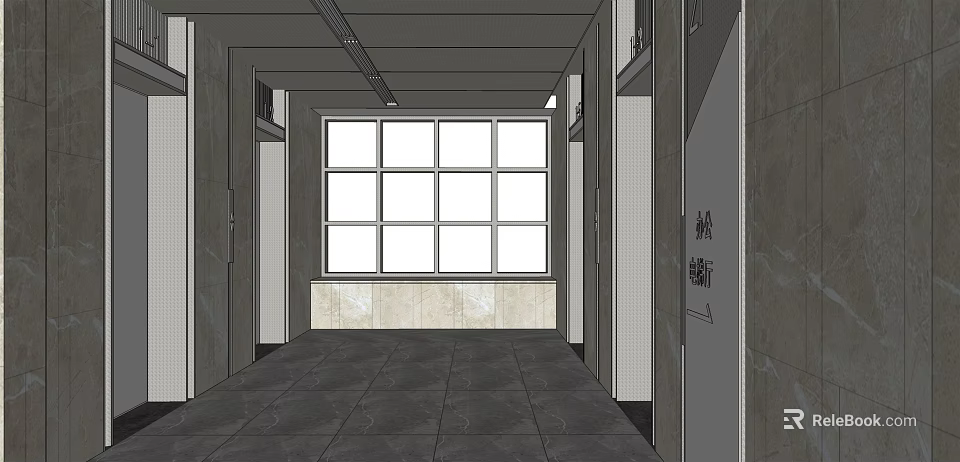 Modern Elevator Hallway Interior With Large Window And Gray Tiled Floor 3d model