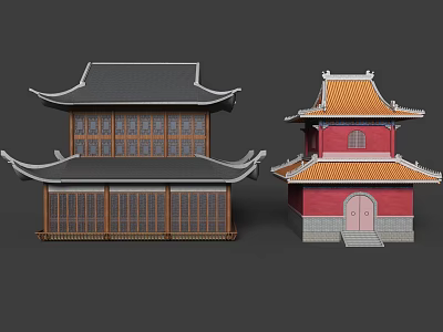 Ancient Chinese Architecture Design with Wooden Structure Red Walls Black Orange Roofs and Overhanging Eaves 3d model