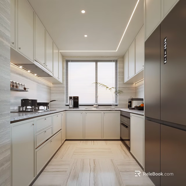 Modern Kitchen Interior With White Cabinets Stainless Steel Refrigerator Window Blinds And Countertop 3d model 