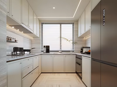 Modern Kitchen Interior With White Cabinets Stainless Steel Refrigerator Window Blinds And Countertop 3d model