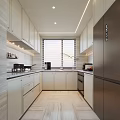 Modern Kitchen Interior With White Cabinets Stainless Steel Refrigerator Window Blinds And Countertop