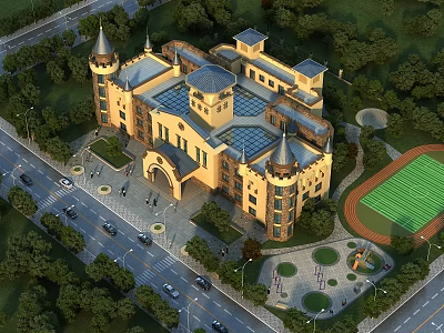 Classical Style School Building Featuring Towers Arched Entrance Playground And Surrounding Trees 3d model