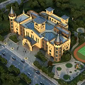 Classical Style School Building Featuring Towers Arched Entrance Playground And Surrounding Trees