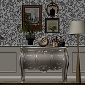 White Carved Console Table With Decorative Items On Black White Patterned Wallpaper And Floor Lamp 3d model