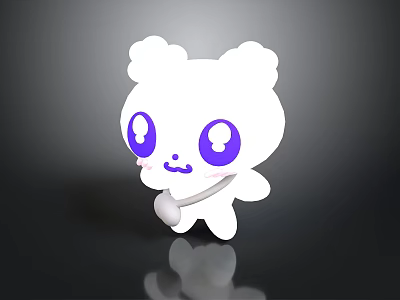 White Cartoon Bear With Big Purple Eyes Heart Shaped Object On Dark Background With Reflection 3d model