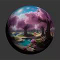 Scenic Pink Cherry Blossom Garden With Winding Stone Path Lamp Post And Stream
