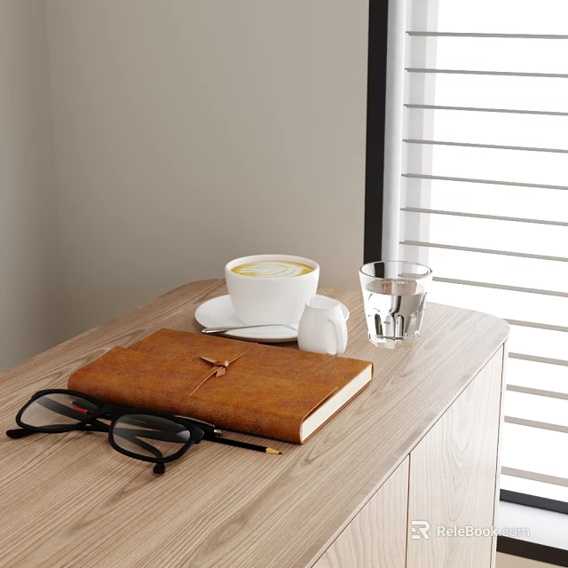 Notebook on Wooden Desk with Coffee Cup Glasses and Window Blinds 3d model 