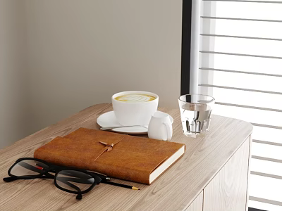 Notebook on Wooden Desk with Coffee Cup Glasses and Window Blinds 3d model
