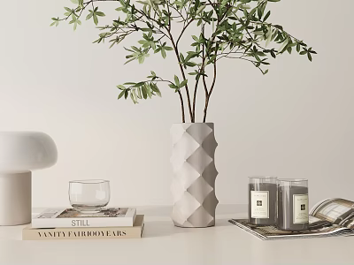Modern Minimalist Decorative Ornament Set with Geometric Vase Green Leaves Books Glass Cup and Candles 3d model