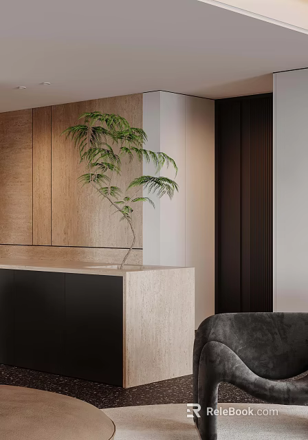 Gray Single Chair in Modern Interior with Wooden Cabinets Black Cabinet and Small Potted Plant 3d model 