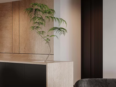 Gray Single Chair in Modern Interior with Wooden Cabinets Black Cabinet and Small Potted Plant 3d model
