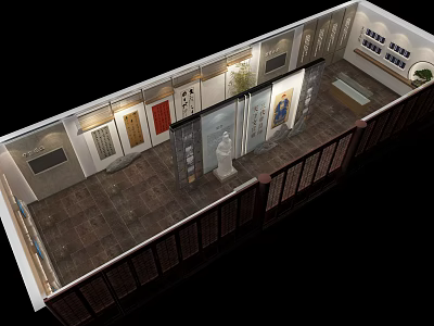 Chinese Style Exhibition Hall Interior With Traditional Calligraphy Paintings Sculpture And Wooden Railings 3d model