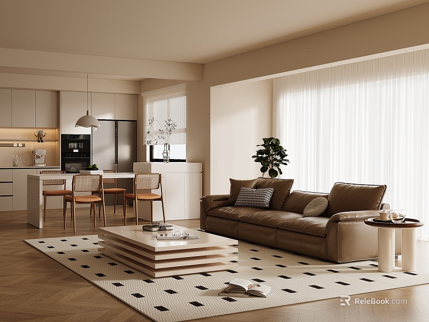 Modern Living And Dining Room Interior With Sofa Dining Table Chairs And Area Rug 3d model 