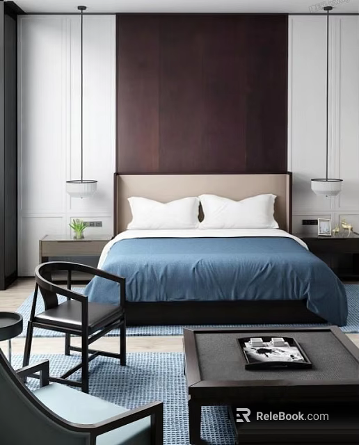 Modern Bedroom Bed With Blue Bedspread White Pillows Dark Headboard And Nightstands 3d model 