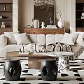 Modern Elegant Living Room Interior With Beige Sofa Round Coffee Table And Chandelier