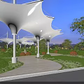 White Membrane Structure Landscape Pavilion With Umbrella Canopies And Garden Pathway