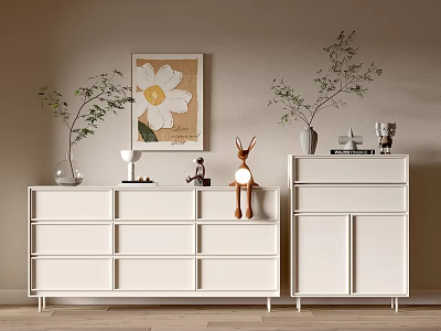 White Entryway Console Table And Side Cabinet With Decorative Plants Artwork And Figurines 3d model