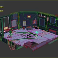 Sci Fi Damaged Control Room With Hanging Wires And Broken Equipment 3d model