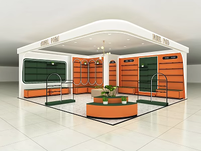 Modern Orange And White Clothing Store Interior With Display Racks Hanging Rails And Central Table 3d model