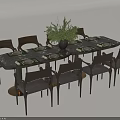 Modern Dining Table Set with Wooden Chairs Tableware and Green Plant Centerpiece