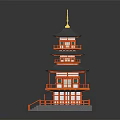 Traditional Japanese Pagoda Featuring Multi Floors Red Framework Black Roofs Golden Top Balconies Gray Platform