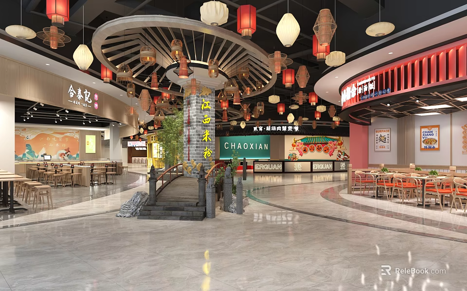 Chinese Shopping Mall Lobby With Traditional Hanging Lanterns Ceiling Design Marble Floor And Dining Area 3d model 