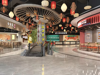 Chinese Shopping Mall Lobby With Traditional Hanging Lanterns Ceiling Design Marble Floor And Dining Area 3d model
