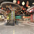 Chinese Shopping Mall Lobby With Traditional Hanging Lanterns Ceiling Design Marble Floor And Dining Area