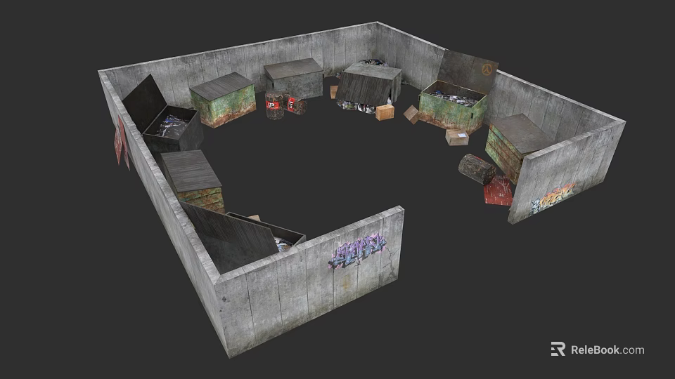 Concrete Road Infrastructure With Graffiti Walls Multiple Compartments And Stored Items 3d model 
