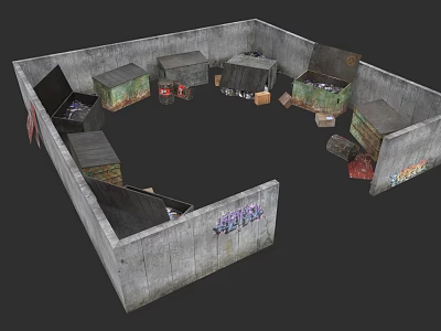 Concrete Road Infrastructure With Graffiti Walls Multiple Compartments And Stored Items 3d model