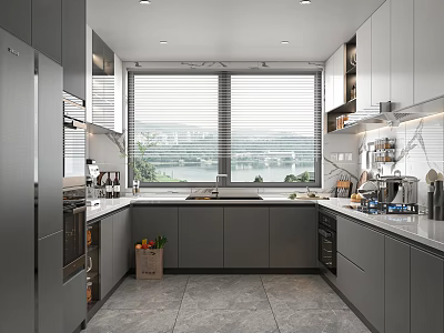 Modern Kitchen Interior Design With Gray Cabinets Large Windows And Sleek Countertop 3d model