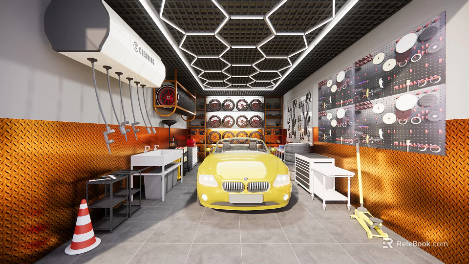 Car Dealership Interior With Yellow BMW Car Tools Tire Displays And Workbench 3d model 