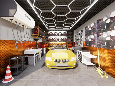 Car Dealership Interior With Yellow BMW Car Tools Tire Displays And Workbench 3d model