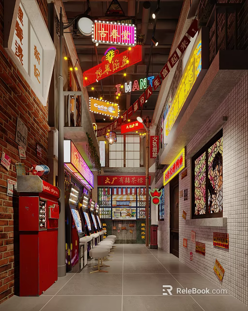 Retro Street Scene Featuring Neon Signs Vintage Arcade Machines And Brick Walls 3d model 