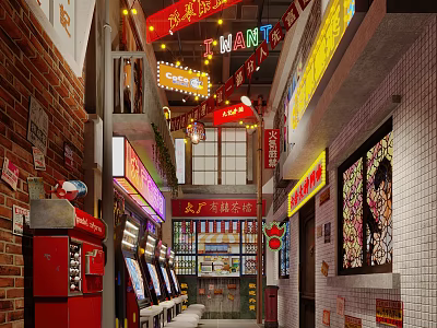 Retro Street Scene Featuring Neon Signs Vintage Arcade Machines And Brick Walls 3d model