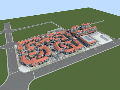 Aerial View Of Large Architectural Complex With Red Roofs Connected Structures And Green Areas 3d model