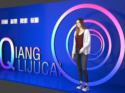 Trendy Photo Spot With Blue Background Pink Blue Circular Rings And QIANGLIJUCAN Sign 3d model