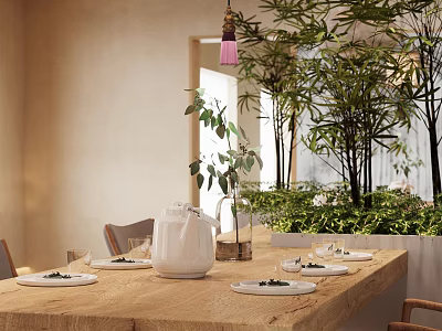 Elegant White Tableware Set on Wooden Dining Table with Green Plants and Hanging Decoration 3d model