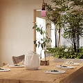 Elegant White Tableware Set on Wooden Dining Table with Green Plants and Hanging Decoration