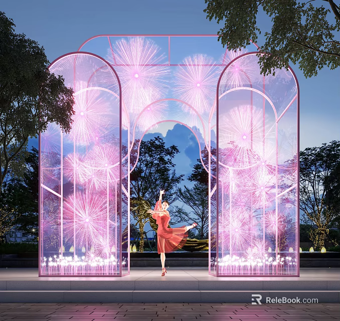 Garden Decorative Archway With Firework Patterns And Red Dress Woman Dancing Outdoors 3d model 