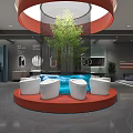 Modern Interior Space With Circular Red Platform White Seats Central Pool And Green Bamboo Plant