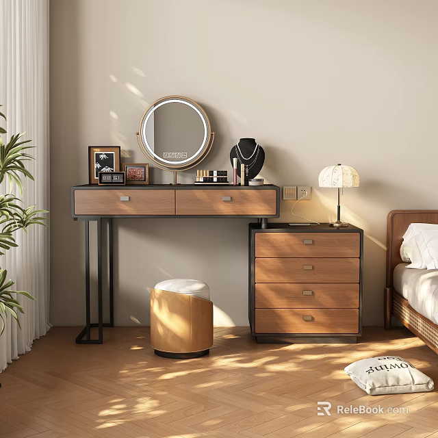 Wooden Dressing Table With Round Mirror Stool Drawers And Table Lamp 3d model